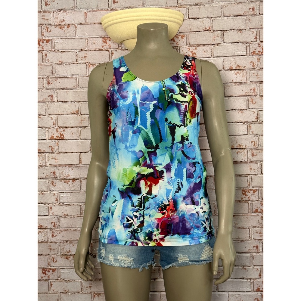 Picadilly Canada Womens Small Abstract Watercolor Scoop Neck Tank Top Multicolor